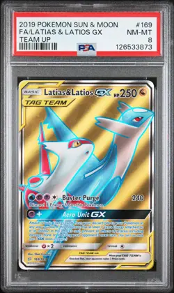 2019 POKEMON SUN & MOON TEAM UP #169 FULL ART/LATIAS & LATIOS GX PSA 8 - Image 1
