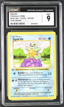 CGC 9 Squirtle Base Set Shadowless 1st Edition 63/102 Gray Stamp Pokemon Card - Image 1