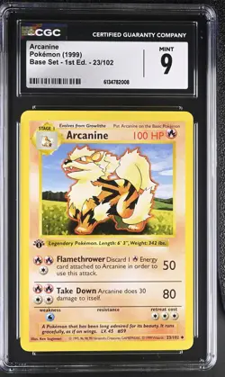 CGC 9 MINT Arcanine 23/102 Base Set 1st Edition Shadowless Pokemon Card - Image 1