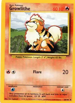 Pokemon Growlithe Card 28/102 Base Set TCG - Image 1