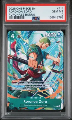 2026 ONE PIECE PROMOS PURCHASE BONUS #114 RORONOA ZORO PSA 10 - Image 1