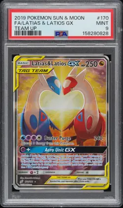 2019 POKEMON SUN & MOON TEAM UP #170 FULL ART/LATIAS & LATIOS GX PSA 9 - Image 1