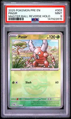 2025 POKEMON PRE EN-PRISMATIC EVOLUTIONS MASTER BALL REVERSE HOLO PINSIR PSA 9 - Image 1