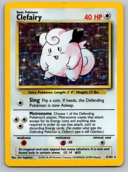 Clefairy 5/102 Holo Holo Rare Base Set Unlimited Pokemon Holo Moderately Played - Image 1