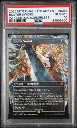 2025 MAGIC MTG FINAL FANTASY #0351 BUSTER SWORD WOODBLOCK BORDERLESS PSA 10 - Image 1
