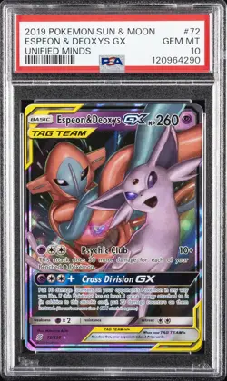 2019 POKEMON SUN & MOON UNIFIED MINDS #72 ESPEON & DEOXYS GX PSA 10 - Image 1