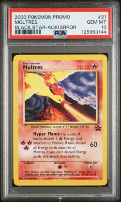 2000 WOTC POKEMON MOVIE MOLTRES #21 BLACK STAR PROMO AOKI ERROR PSA 10 GEM MT K - Image 1