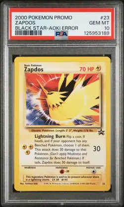 2000 WOTC POKEMON MOVIE ZAPDOS #23 BLACK STAR PROMO AOKI ERROR PSA 10 GEM MT I - Image 1