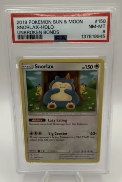 2019 POKEMON SUN & MOON UNBROKEN BONDS #158 SNORLAX-HOLO PSA 8 - Image 1