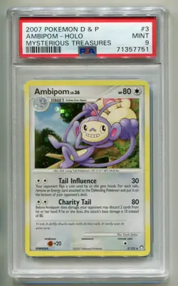 2007 POKEMON D & P MYSTERIOUS TREASURES AMBIPOM #3/123 HOLO FOIL PSA 9 B P1 - Image 1