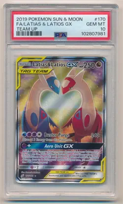 2019 POKEMON SUN & MOON TEAM UP #170 FULL ART LATIAS & LATIOS GX PSA 10 GEM MINT - Image 1