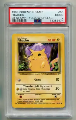 1999 WOTC POKEMON PIKACHU #58/102 E3 STAMP YELLOW CHEEKS PROMO NON-HOLO PSA 2 P1 - Image 1