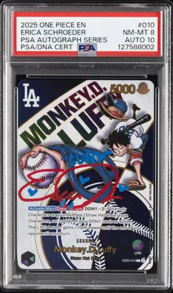 2025 ONE PIECE PROMO DODGERS ERICA SCHROEDER AUTO MONKEY D. LUFFY PSA 8 AUTO 10 - Image 1