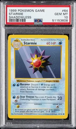 1999 POKEMON GAME SHADOWLESS #64 STARMIE PSA 10 - Image 1