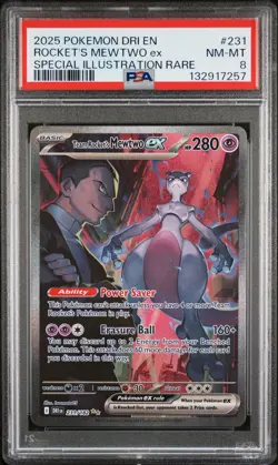 2025 POKEMON DRI EN-DESTINED RIVALS #231 TEAM ROCKET'S MEWTWO EX PSA 8 - Image 1