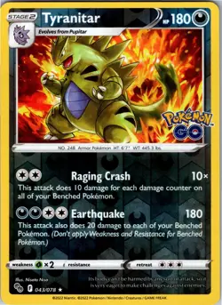 Tyranitar 043/078 Holo Rare Pokemon GO Pokemon Reverse Holo NM - Image 1