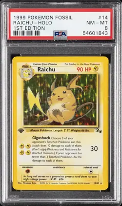 1999 POKEMON FOSSIL 1ST EDITION #14 RAICHU-HOLO PSA 8 - Image 1