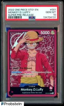 2022 One Piece ST01 EN Super Pre-Release #001 Monkey D Luffy PSA 10 GEM MINT - Image 1