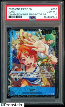 TCG 2025 One Piece EN Championship 25-26 Top 64 #050 Nami PSA 10 GEM MINT - Image 1