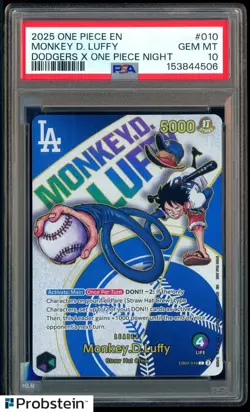 2025 One Piece En Dodgers X One Piece Night #010 Monkey D. Luffy PSA 10 GEM MINT - Image 1