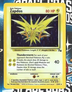 1999 Pokemon Fossil Unlimited Zapdos Holo Rare 15/62 - Vintage WOTC Card - Image 1