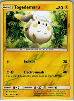 Togedemaru 47/147 Reverse Holo SM - Burning Shadows - Pokemon Card - NM - Image 1