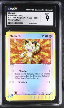 CGC 9 MINT Meowth 42/95 EX Team Magma Vs Aqua Reverse Holo Pokemon Card - Image 1