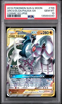 2019 POKEMON SUN & MOON COSMIC ECLIPSE #156 ARCEUS & DIALGA & PALKIA GX PSA 10 - Image 1