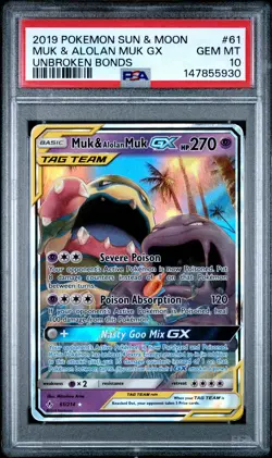 2019 POKEMON SUN & MOON UNBROKEN BONDS #61 MUK & ALOLAN MUK GX PSA 10 - Image 1