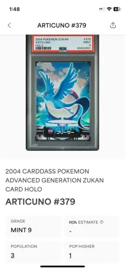 2004 Pokemon Carddass Zukan Articuno Holo PSA 9 – POP 3! Rare Low Pop Vintage - Image 2