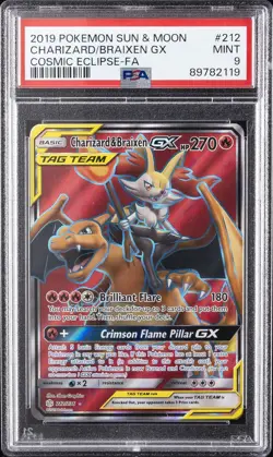 2019 POKEMON SUN & MOON COSMIC ECLIPSE FULL ART/CHARIZARD & BRAIXEN GX PSA 9 - Image 1