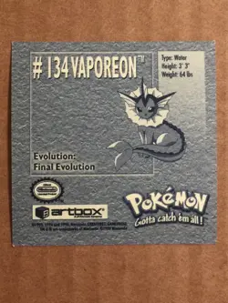 Pokemon 1999 Artbox Series 1 Stickers Vaporeon 134. - Image 2
