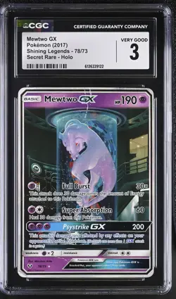 CGC 3 Mewtwo Gx 78/73 Secret Rare Holo Shining Legends Pokemon Card - Image 1
