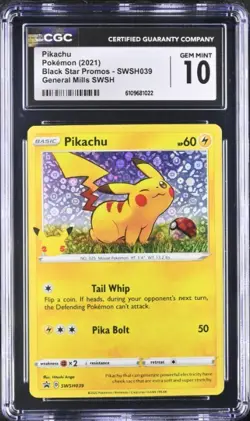 Pokemon 2021 Pikachu SWSH039 25th Anniversary General Mills Promo CGC 10 - Image 1