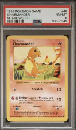 1999 Pokemon Base Game Charmander Shadowless PSA 8 RARE #46 WOTC - Image 1