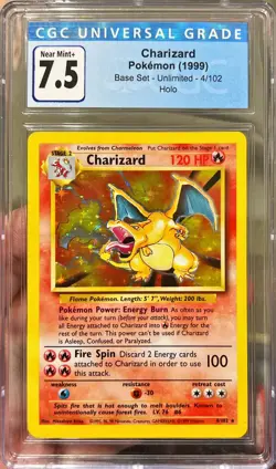 1999 Pokemon Base Set Unlimited Charizard Holo 4/102 CGC 7.5 Near Mint+ - Image 1