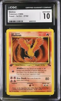 CGC 10 1999 Pokemon Fossil 1st Ed Moltres NON Holo 27/62 First Edition - Image 1