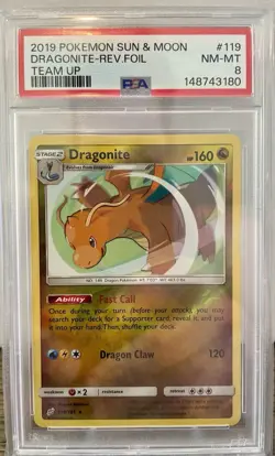 2019 POKEMON SUN & MOON TEAM UP #119 DRAGONITE-REVERSE FOIL PSA 8 - Image 1
