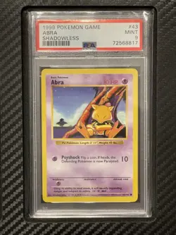 1999 PSA 9 Abra #43 Shadowless Common WOTC Pokemon Game Base Set Shadowless - Image 1