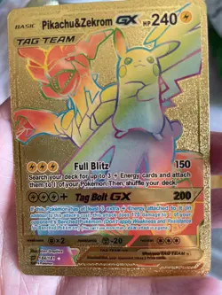 Gold Pikachu & Zekrom GX Tag Team Metal Card Pokemon Collector Display - Image 1