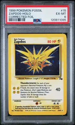 1999 POKEMON FOSSIL CORRECTED FOIL #15 ZAPDOS-HOLO PSA 6 - Image 1