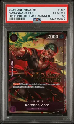 One Piece Roronoa Zoro OP06 Pre-Release Winner Promo P-045 English PSA 10 - Image 1