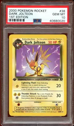 PSA 10 GEM MINT Dark Jolteon 38/82 Team Rocket 1ST EDITION Pokemon Card - Image 1