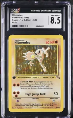 1999 Pokemon TCG Hitmonlee 1st Edition Holo Rare Card Fossil, 7/62 CGC 8.5 - Image 1