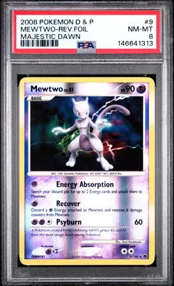 2008 POKEMON DIAMOND & PEARL MAJESTIC DAWN #9 MEWTWO-REVERSE FOIL PSA 8 - Image 1