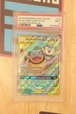 2019 POKEMON SUN & MOON COSMIC ECLIPSE #215 FULL ART/BLASTOISE & PIPLUP GX PSA 9 - Image 1