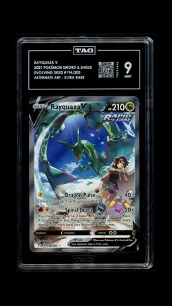 2021 Pokemon SWSH Evolving Skies 194/203 Rayquaza V Alt Art UR TAG 9 Mint - Image 1