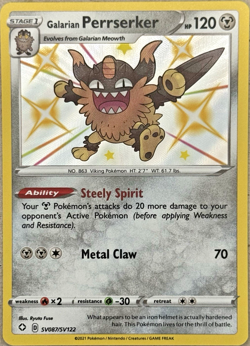 Galarian Perrserker Shining Fates SV087/SV122 Shiny Rare 2021 Pokemon TCG NM - Image 1