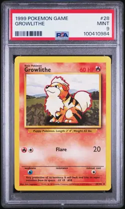 PSA 9 - Growlithe 28/102 Base Set Uncommon Pokemon Card 1999 Unlimited - Image 1