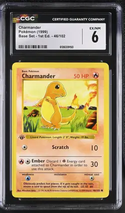 CGC 6 Charmander 46/102 Base Set 1st Edition Shadowless Pokemon Card - Image 1